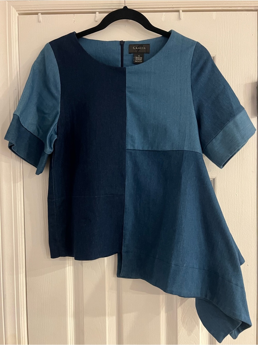 Gracia Patchwork Asymmetric Denim Top - Blue Tones